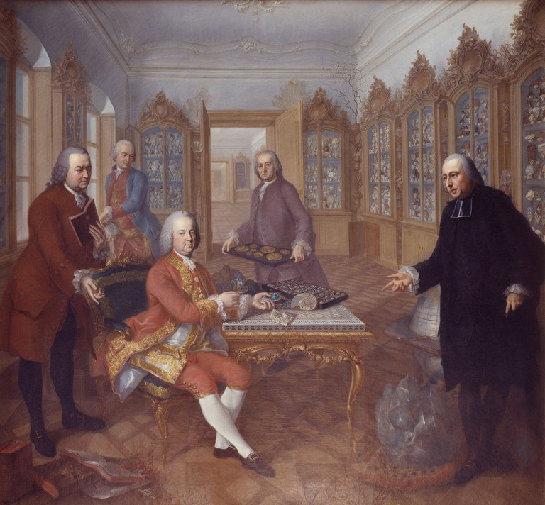 Emperor Franz Stephan sitting with his natural science advisors Gerard van Swieten, Johann Ritter von Baillou, Valentin Jamerey Duval and Abbé Johann Marcy
