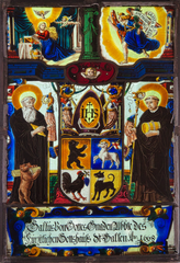 Saint Gall and Saint Othmar depicted as monks with their symbolic attributes, central quartered coat of arms featuring Abbey of St. Gall, Abbey of St. Johann, County of Toggenburg, and Abbot Gallus Alt's personal emblem, topped by an inful with symbol JHS, flanked by Annunciation scene with Mary and Archangel Gabriel