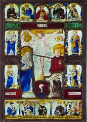 Stained glass panel depicting Christ on the cross flanked by fourteen saints, including St. Gallus, St. Marcus, St. Borromeus, St. Notkerus, St. Othmarius, Virgin and Child with Ann, Mary Magdalene, St. Barbara, St. Catharine, St. Sebastian, St. Christopher, St. Benedict, St. Leodigard, and possibly St. Bertino
