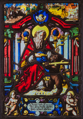 Figure panel depicting Saint Gall enthroned in red and blue robes with a golden nimbus, handing bread to a bear holding a tree trunk, with an ancient temple façade in the background, dated 1566