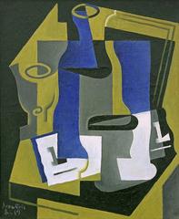 Cubist painting of a carafe, glass, and newspaper by Juan Gris
