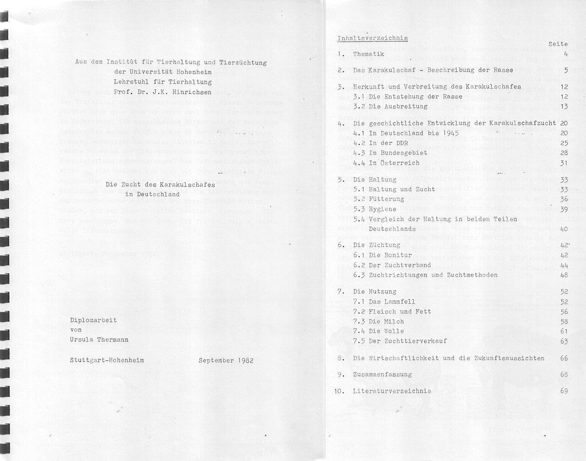 Book cover and table of contents of Ursula Thermann's thesis on breeding Karakul sheep in Germany