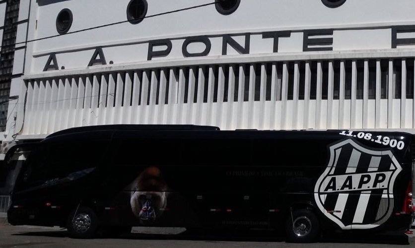Official Ponte Preta football club bus parked in front of Moisés Lucarelli stadium