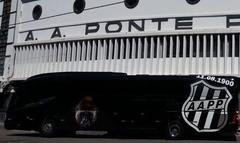 Official Ponte Preta football club bus parked in front of Moisés Lucarelli stadium