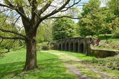 View of Morris Arboretum with various trees and greenery under a blue sky in Chestnut Hill, Philadelphia