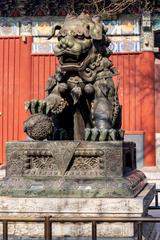 Guardian lion statue at Yonghe Temple in Beijing