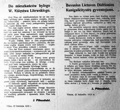 Appeal of Józef Piłsudski to the People of the former Grand Duchy of Lithuania