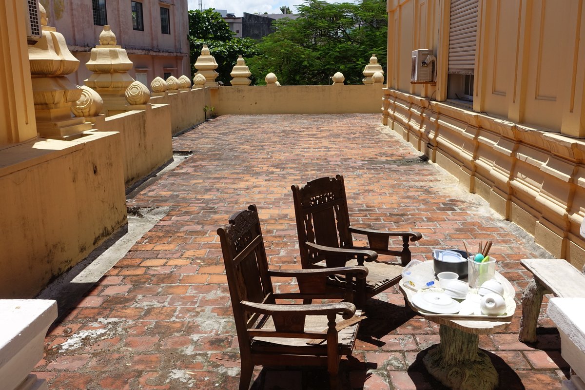 Ancient Cham sculpture displayed on a stone terrace at the Museum of Cham Sculpture in Da Nang, Vietnam