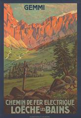 Vintage travel poster of Gemmi by Anton Reckziegel showing the electric railway to Loëche-les-Bains