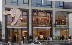 Cartier storefront with new outdoor advertising on Königsallee corner Steinstraße in Düsseldorf December 2021