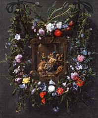A classic painting depicting the Mocking of Jesus surrounded by a garland of flowers