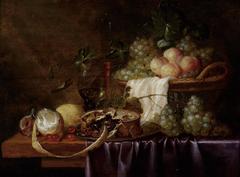Still life painting featuring a meat pie, bread, and various kitchen items on a table