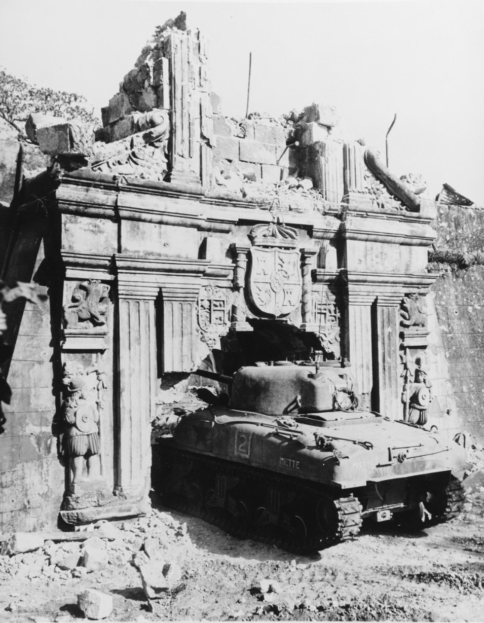 U.S. Army M4 Sherman tank entering old Fort Santiago gate during Battle of Manila 1945
