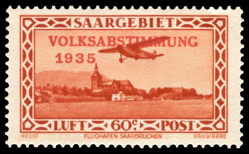 Historic 1935 Saar referendum flight postal stamp with Focke-Wulf A 17 airplane at Saarbrücken airport