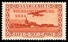 Historic 1935 Saar referendum flight postal stamp with Focke-Wulf A 17 airplane at Saarbrücken airport