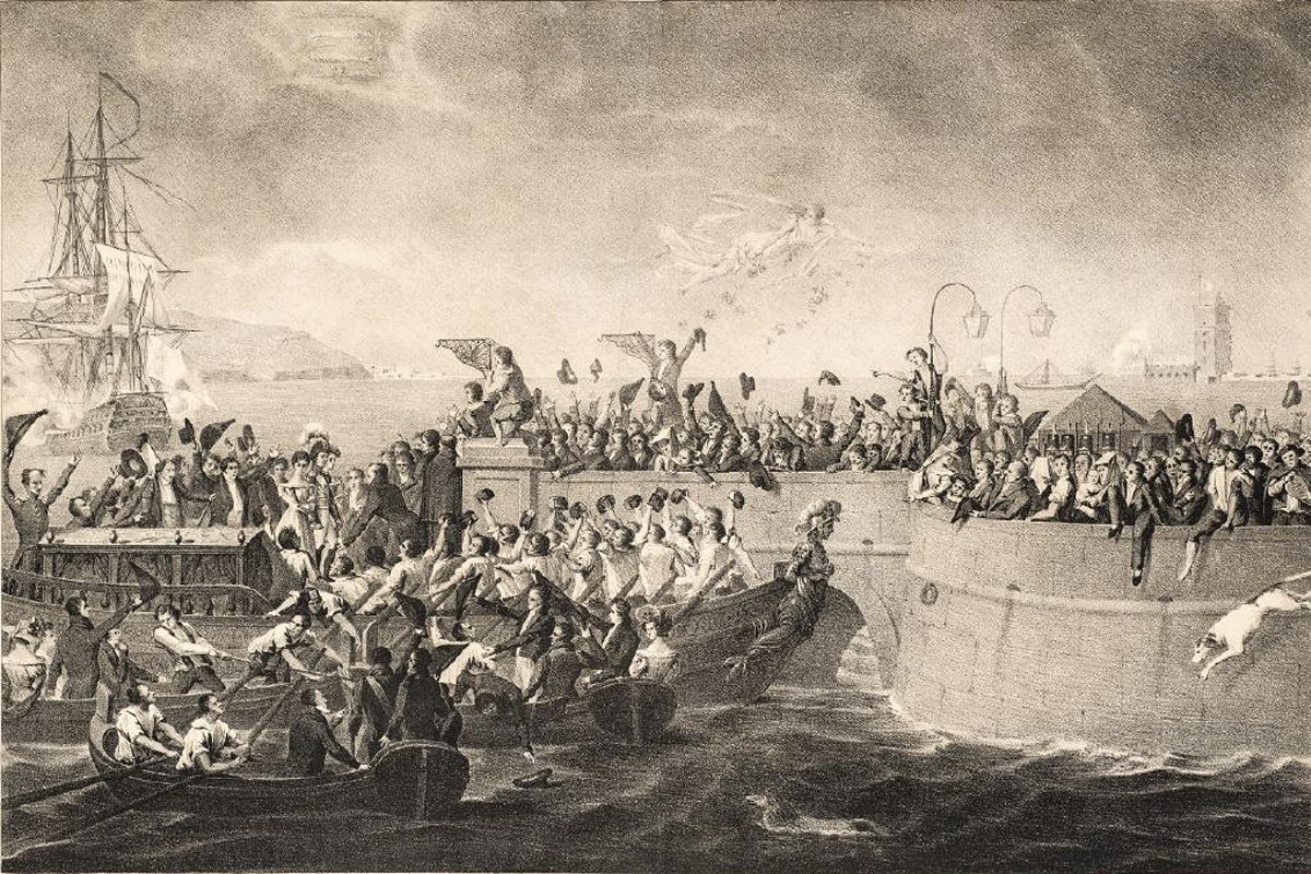 Historic image of Galeota Sinhasinha docking at Belem pier