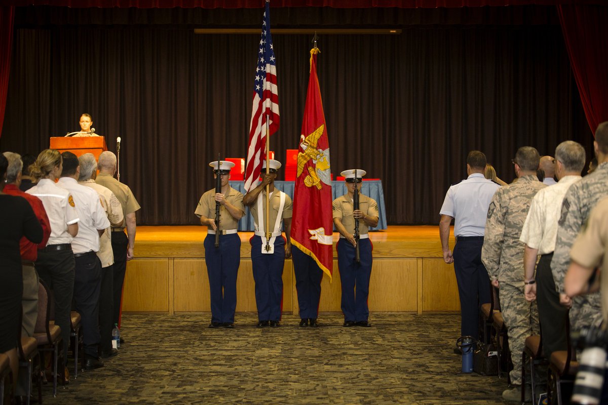 U.S. Marine Corps Forces Pacific color guard presenting arms for National Anthem at First Responder Recognition Ceremony in Honolulu