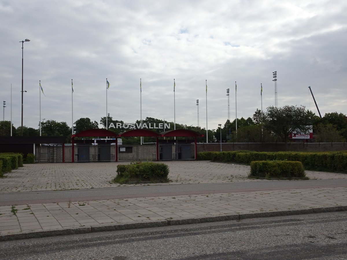 Arosvallen stadium in Västerås, Sweden under clear blue sky