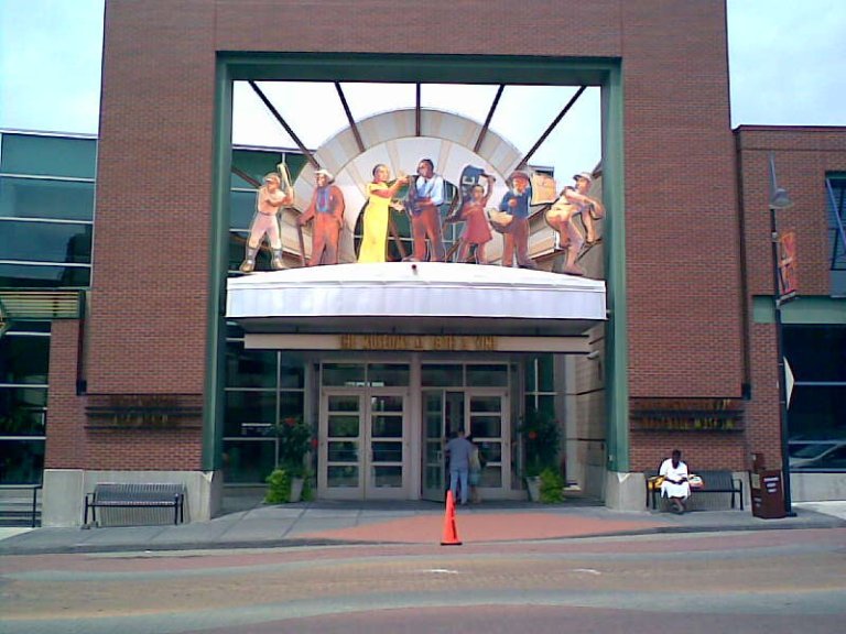 Negro Leagues Baseball Museum entrance in Kansas City with signage and display windows