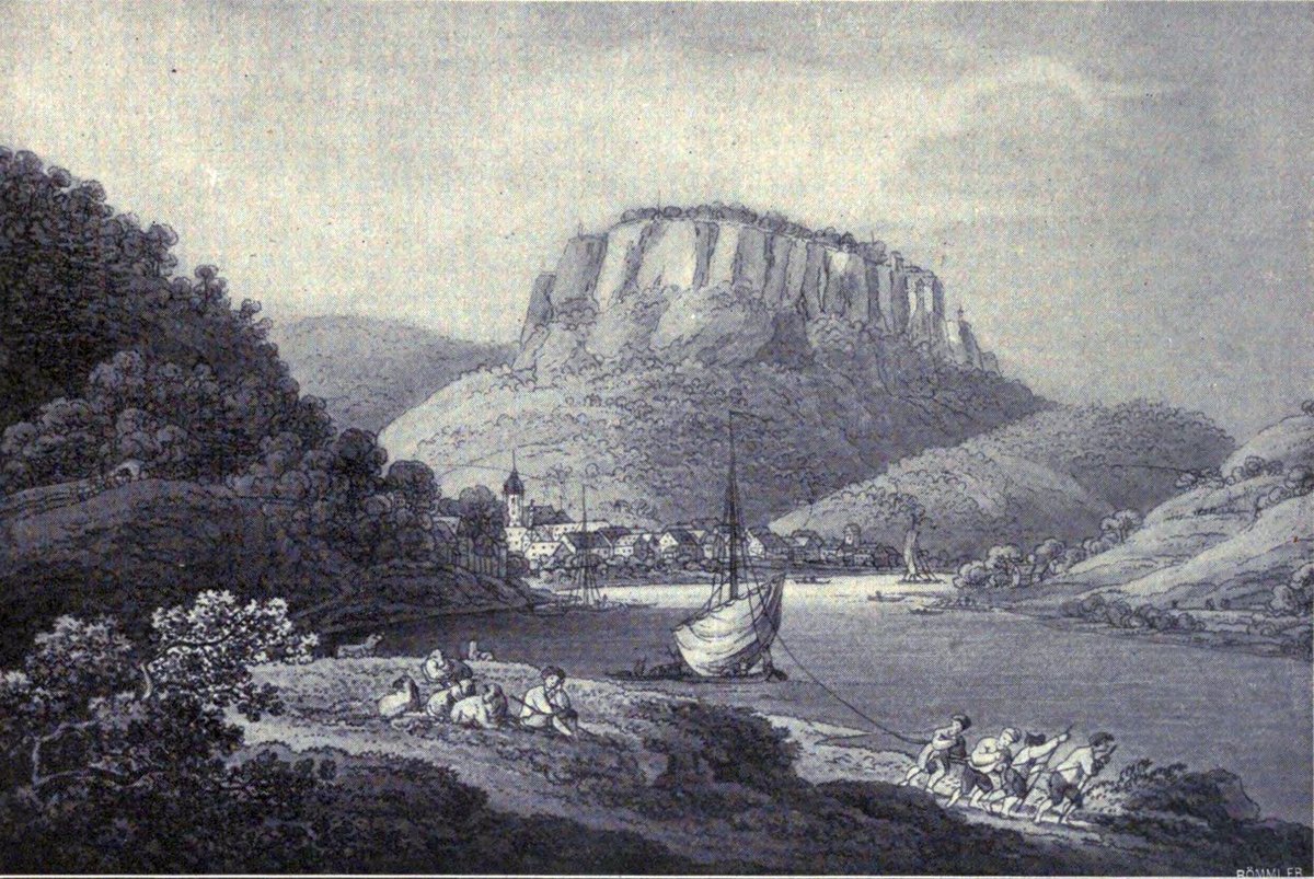 View of Königstein city and fortress in Saxon Switzerland, watercolor by Adrian Zingg