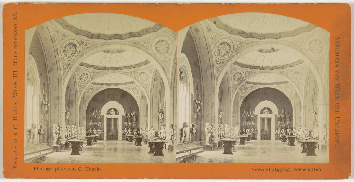 Interior view of a spacious museum gallery in Vienna, likely the Kunsthistorisches Museum, from a historic stereophoto dated between 1868 and 1890