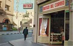 Historic Plaza Pizarro in Lima with old businesses including the former Haití restaurant-café and Botica del Correo