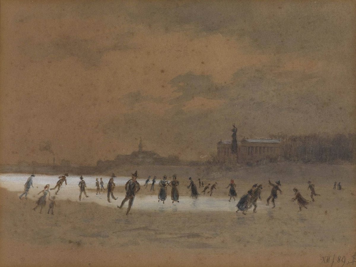 Vintage watercolor painting of ice skating fun at Theresienwiese in 1889