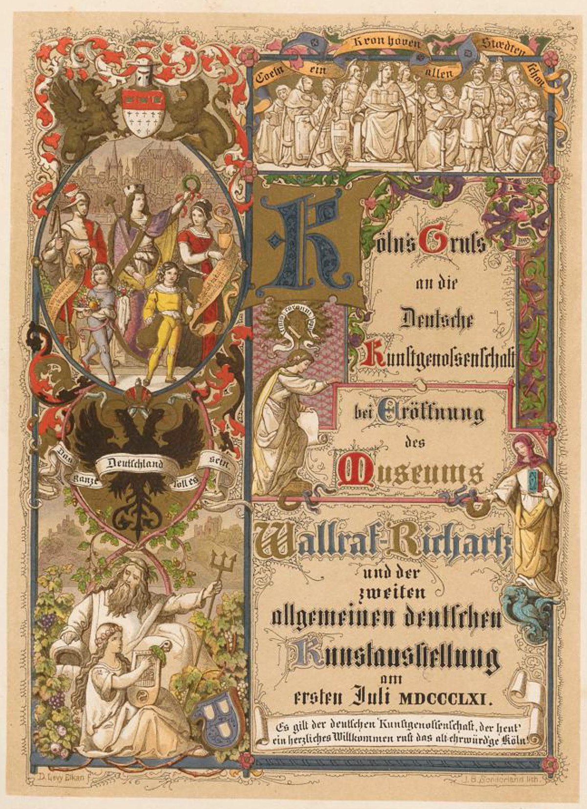 Color print poster titled 'Köln's Gruß an die Deutsche Kunstgenossenschaft' celebrating the opening of the Wallraf-Richartz Museum in Cologne in 1861