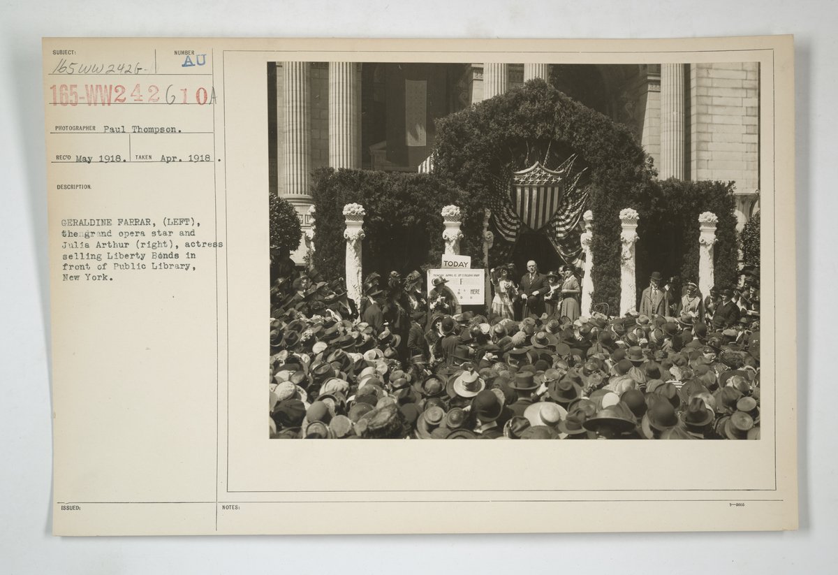 Geraldine Farrar and Julia Arthur selling Liberty Bonds in front of New York Public Library in 1918