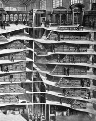 Sectional view of the New York Public Library showing seven tiers of book stacks with elevators