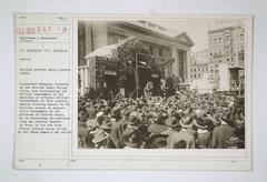 British officer selling Liberty Bonds at a public gathering in front of the New York Public Library