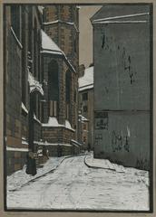 Color woodcut of Maria am Gestade church on gray paper by H. Henneberg