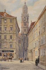 Aquarelle painting 'Salvatorgasse' by Karl Schnorrpfeil depicting Maria am Gestade church