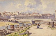 Fischer boats on Danube Canal in Vienna in 1855, historical painting by Ludwig Hans Fischer