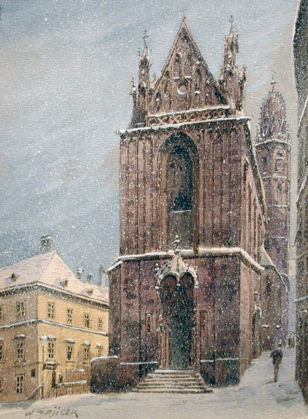 Snowstorm at Passauer Platz watercolor painting with delicate white highlights on paper