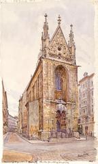 Watercolor painting of the Maria am Gestade church in Vienna, depicting the Mariastiegen church at Passauerplatz, dated June-July 1934, by Erwin Pendl