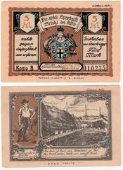 German Notgeld banknote from Brühl depicting Roddergrube AG, 5 Mark, 1922
