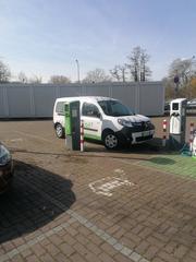 Electric vehicle charging station with dual 22 kW chargers at Brühl train station parking lot
