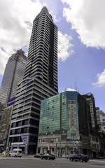 Skyline view of Shin Kong Life Tower, Kee Tai Zhongxiao building, and Chengzhong Fire Building in Taipei