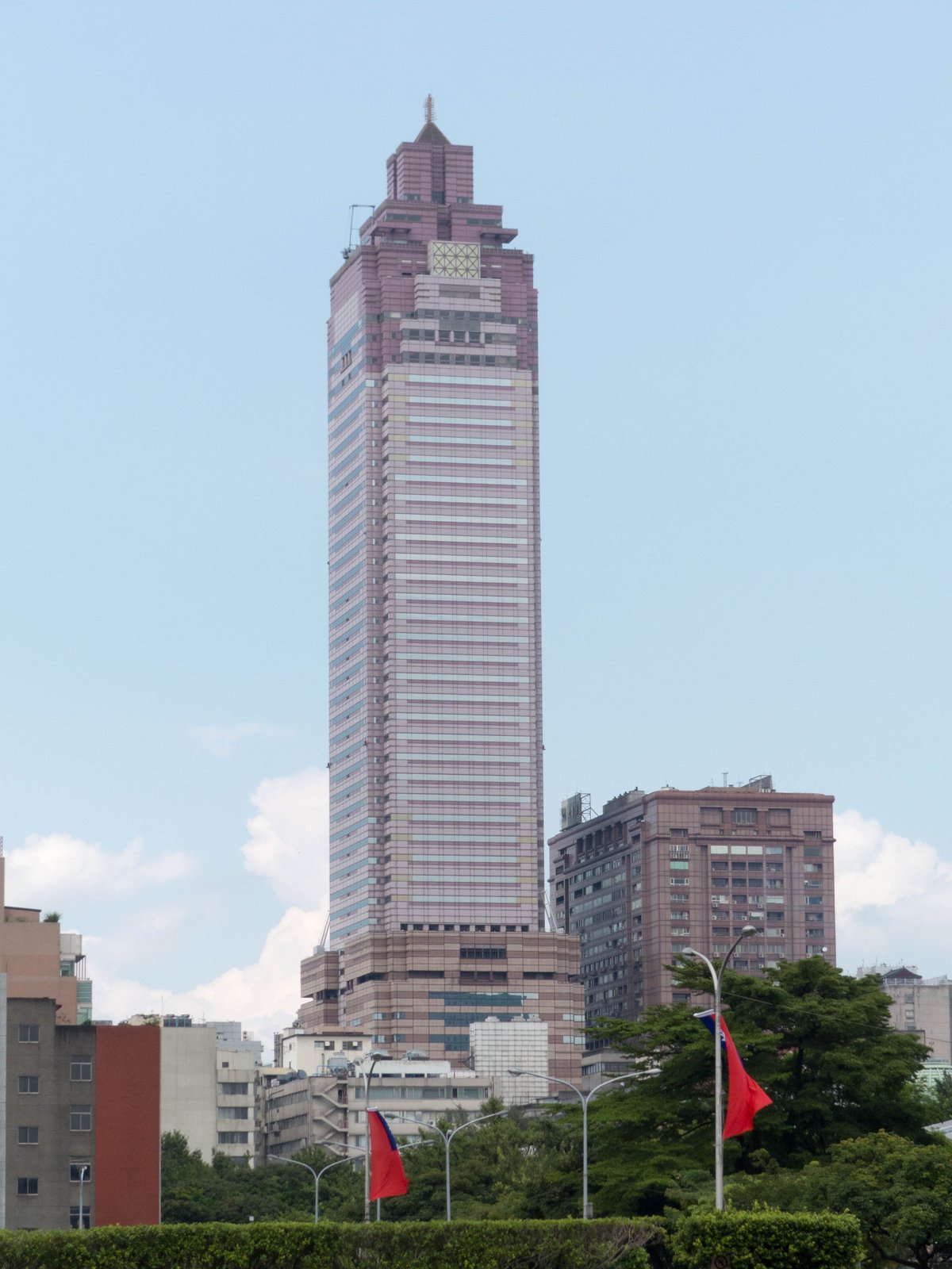Northeast view of Shin Kong Life Tower and Asia Plaza Building from the Presidential Building Plaza near Ketagalan Boulevard and Huaining Street intersection
