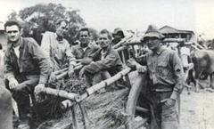 Newly rescued and sickly World War II POWs riding water buffalo-driven carts