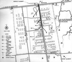 Bird's eye view illustration of US Rangers during the Raid at Cabanatuan showing positions and movements on January 1945