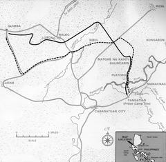 Map showing routes taken by US Rangers during the Raid at Cabanatuan in January 1945