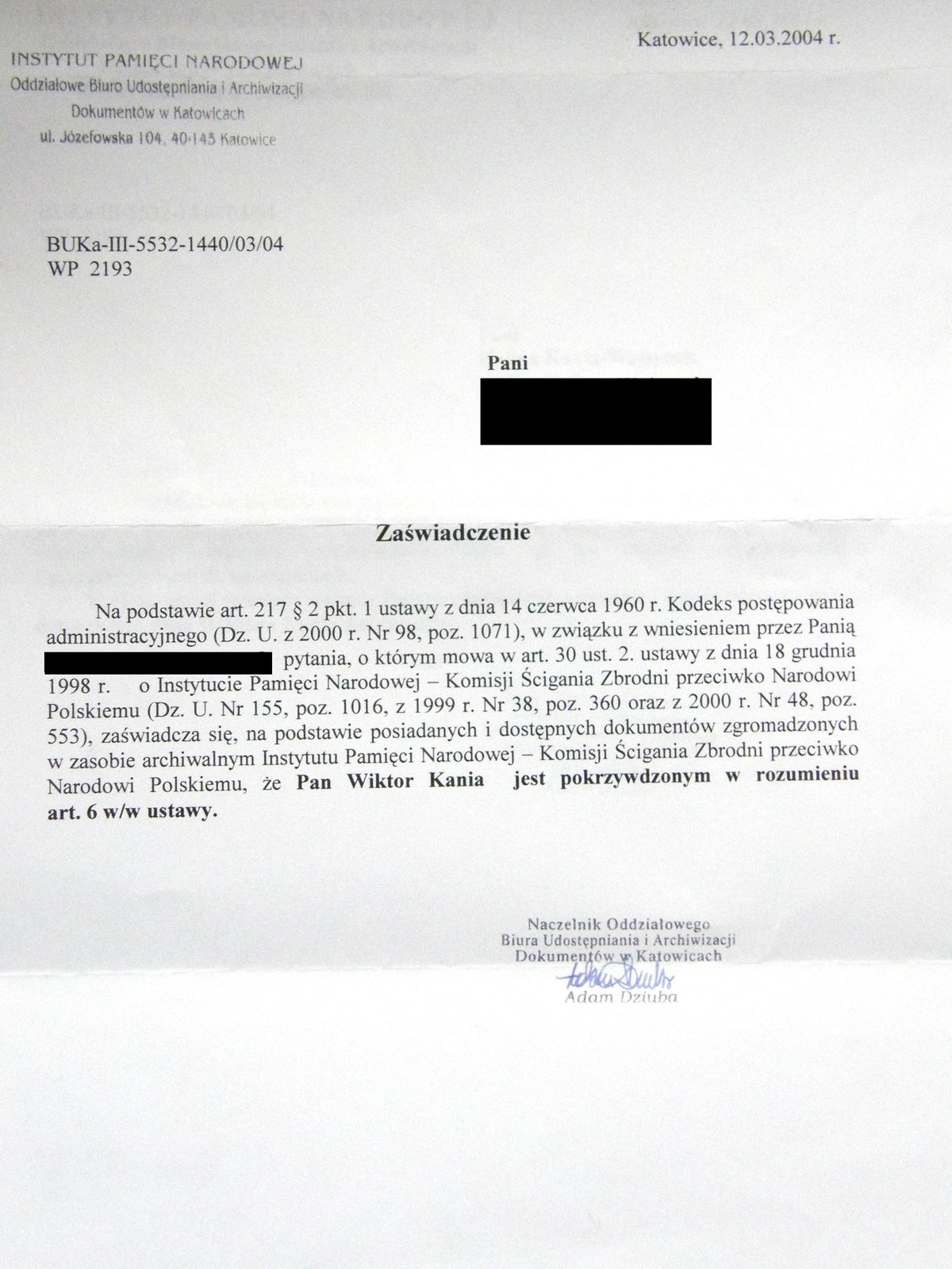 Certificate of victim status for Wiktor Kania issued by IPN Katowice on 13 March 2004