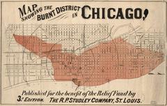 Historical map of Chicago burnt district from 1871 showing areas affected by the Great Chicago Fire