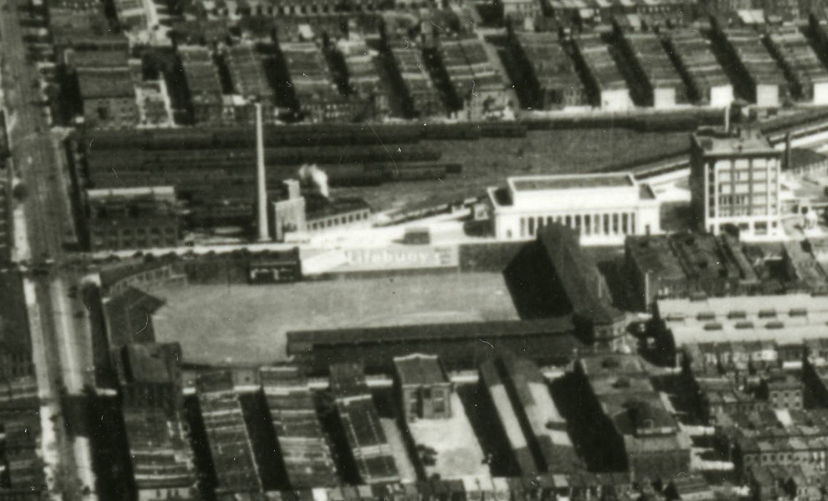 Aerial view of Baker Bowl baseball stadium and North Broad Street station in Philadelphia in September 1929