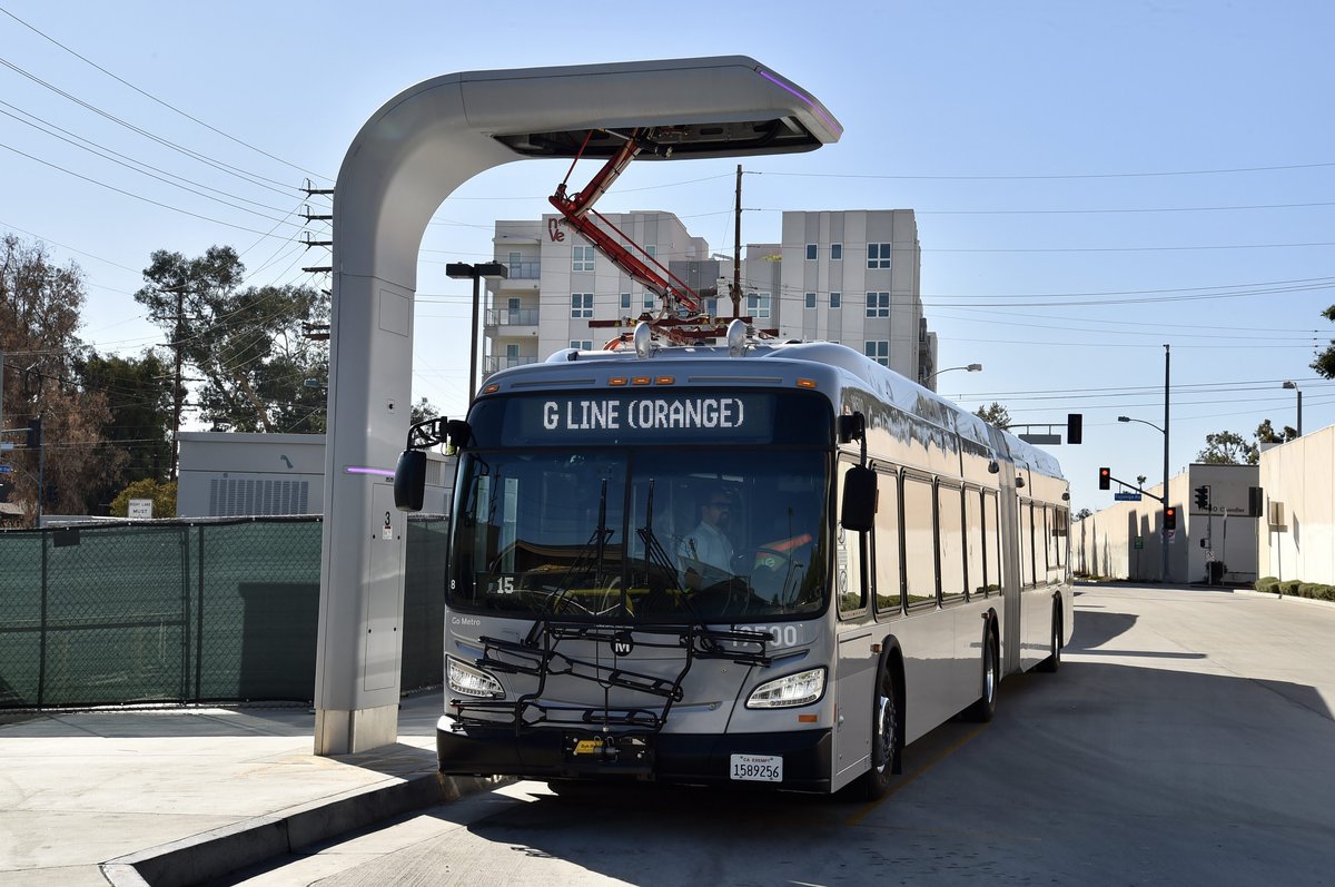 New Flyer XE60 all-electric bus charging at North Hollywood station on LA Metro G Line