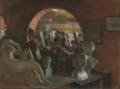 Painting of a serene alcove with several art students sketching and painting in a lush garden setting