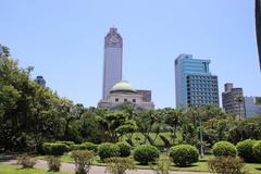 View of National Taiwan Museum with Shin Kong Life Tower and Fubon Chengzhong Building from 228 Memorial Park, Taipei City