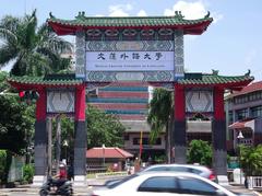 Main gate of Wenzao University with trees and clear sky